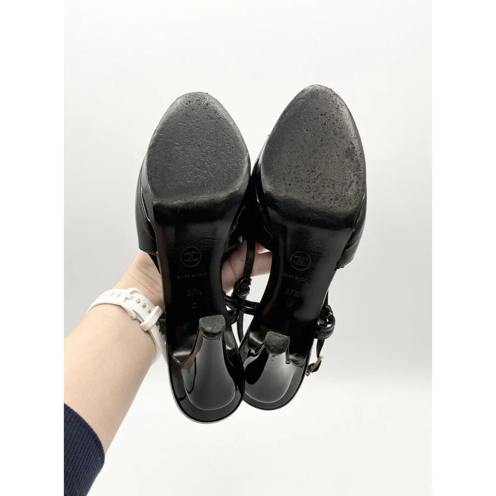 Chanel Black & White Patent Leather Cap Toe Platform Slingback Heel Size EU 37.5